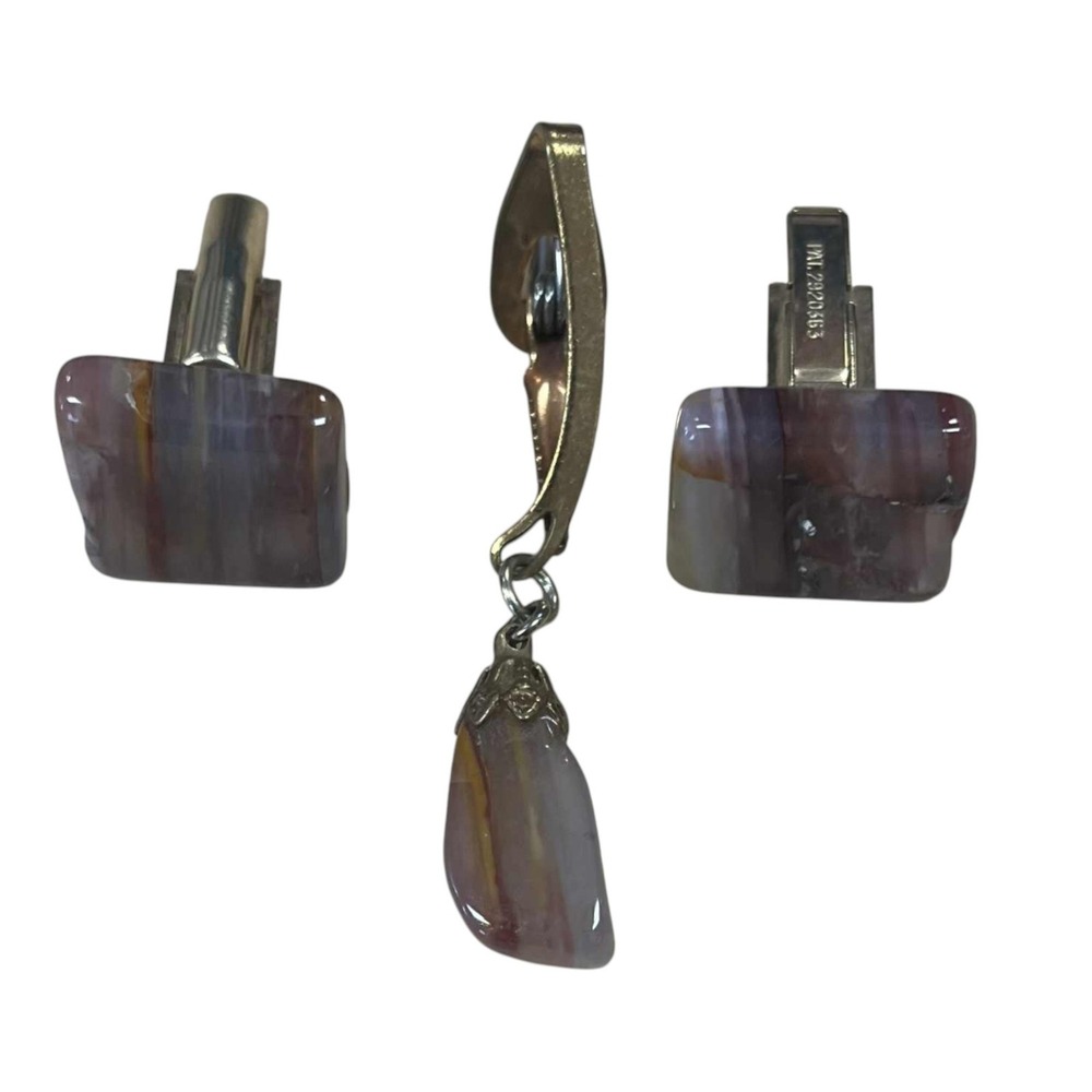 Vintage Multicolored Stone Cuff Links And Tie Clip